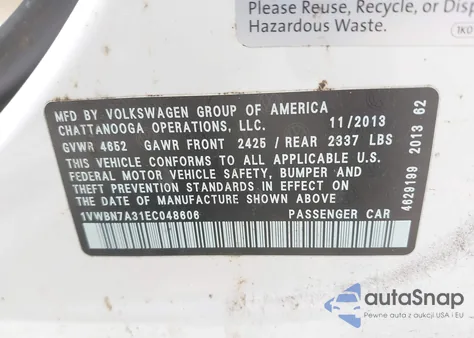 2014 Volkswagen Passat 2.0L Tdi Se from USA, damaged, VIN 1VWBN7A31EC048606